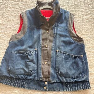 VTG 80s IZZI Reversible Grunge Denim Chore Barn Vest Two-Tone Patchwork Lined L